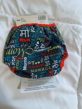 Navy 'Mum' Multi-Language Print Swim Diaper Cover with Orange Trim